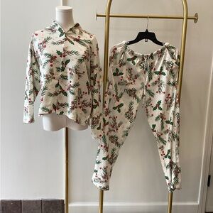 Kids Holiday Cream Pajama Set with Green & Red Holly Print